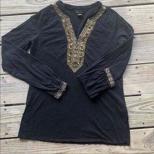 Lucky Brand Embellished Black Long Sleeve V Neck S